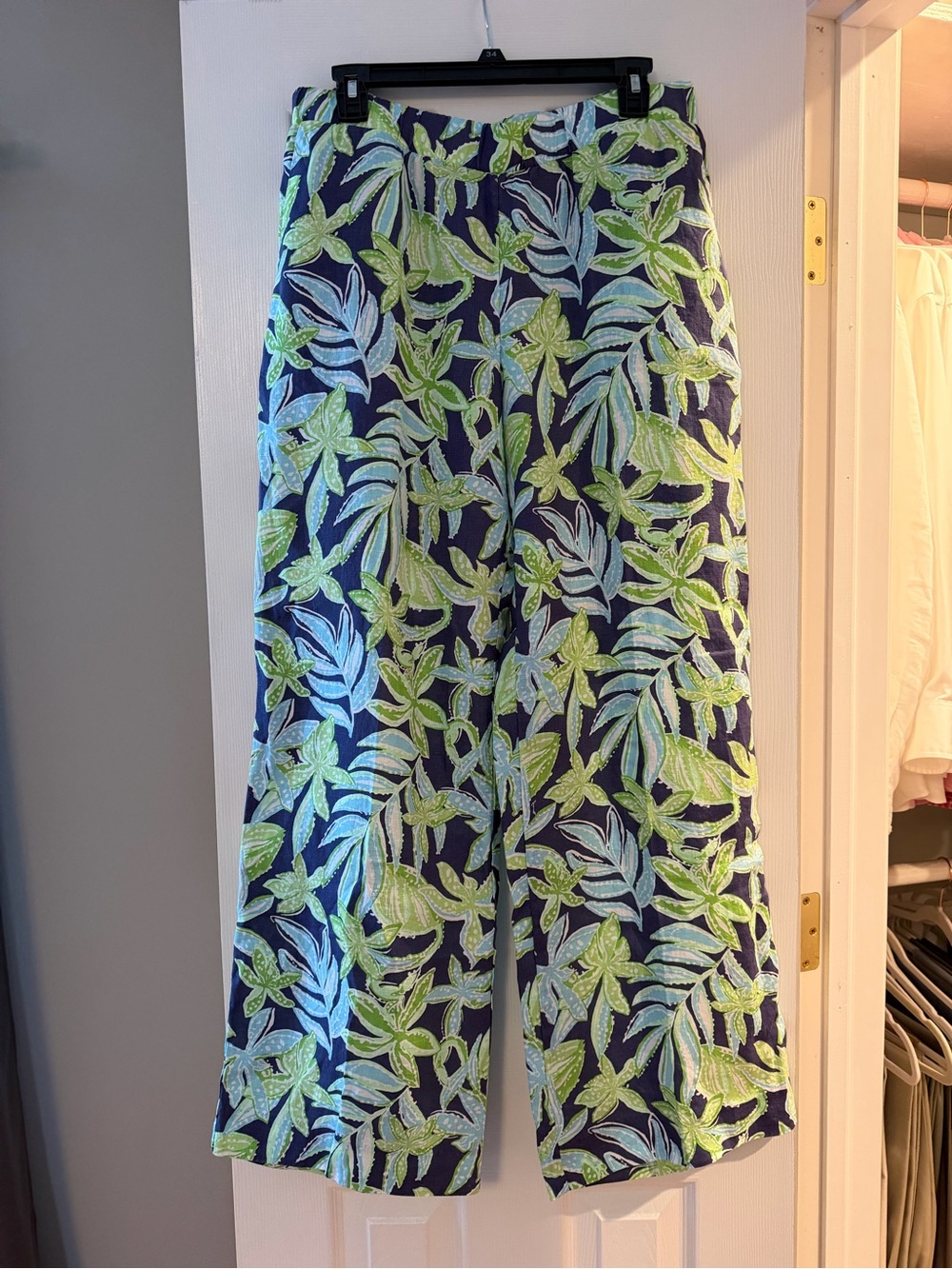 Lilly Pulitzer Navy Wide-Leg Tropical Print Pants with Lime and Light Blue